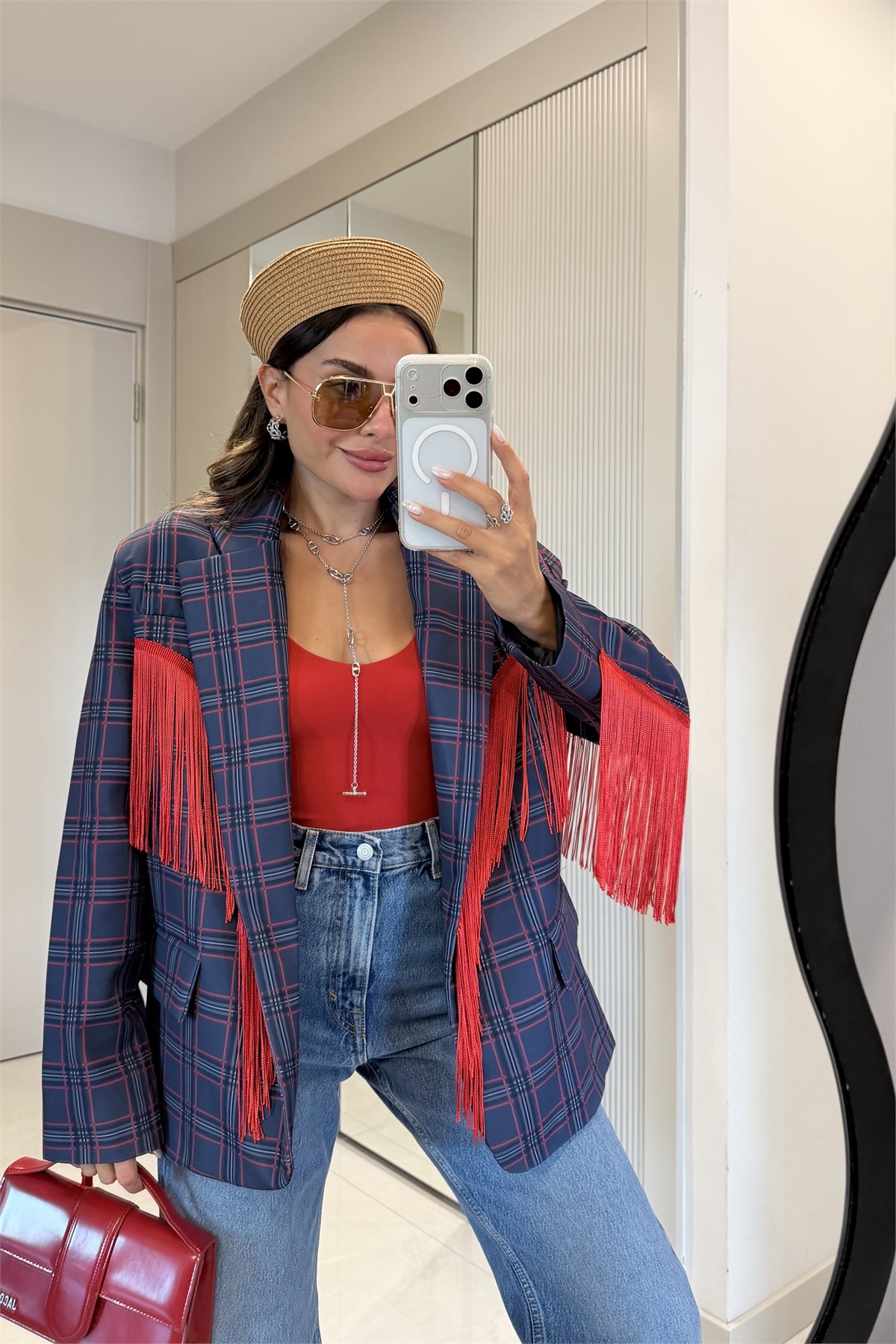 Genevia Ekose Desen Kırmızı Püskül Detaylı Blazer Ceket