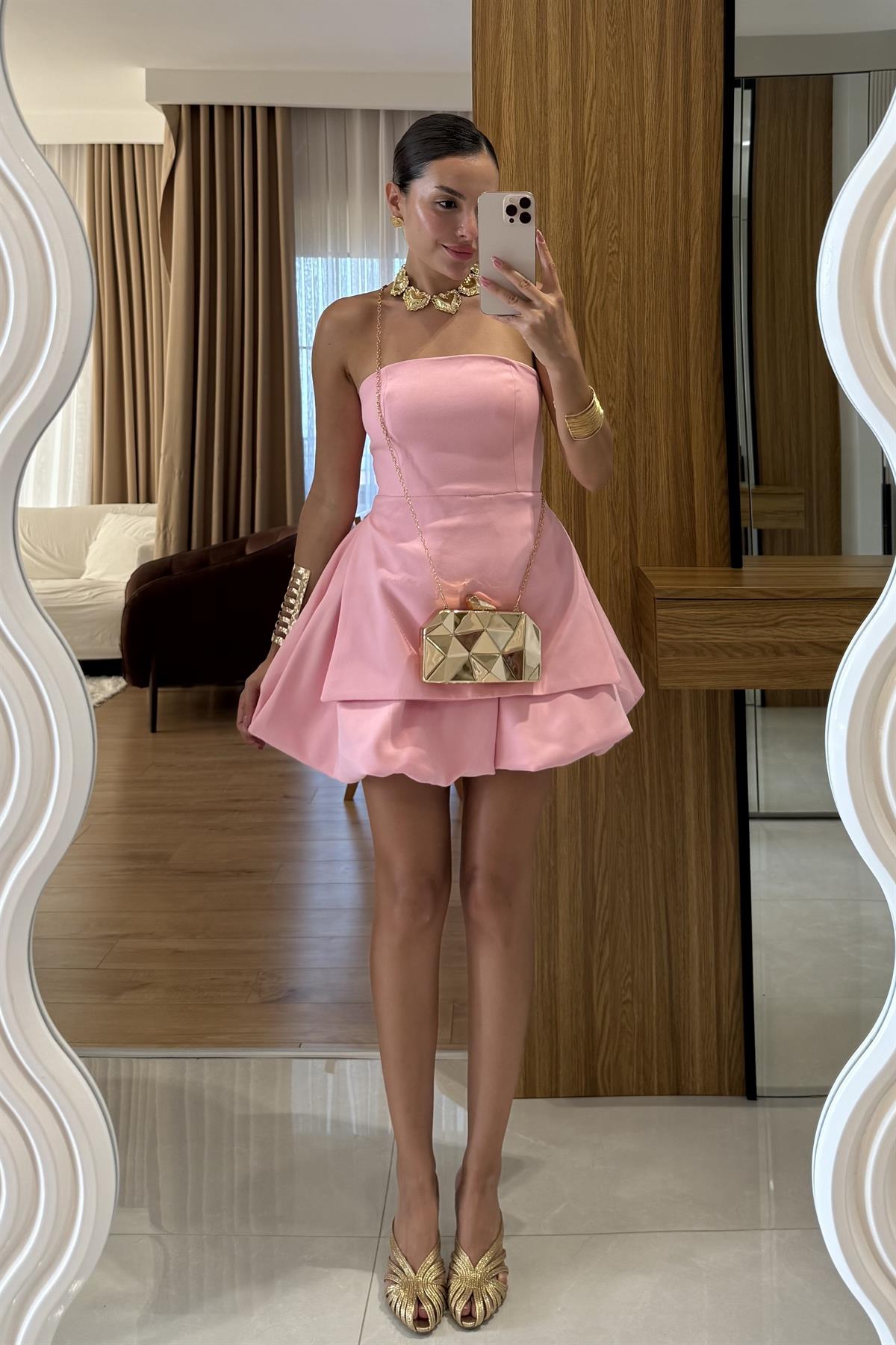 Georgia Pembe Straplez Mini Balon Elbise 