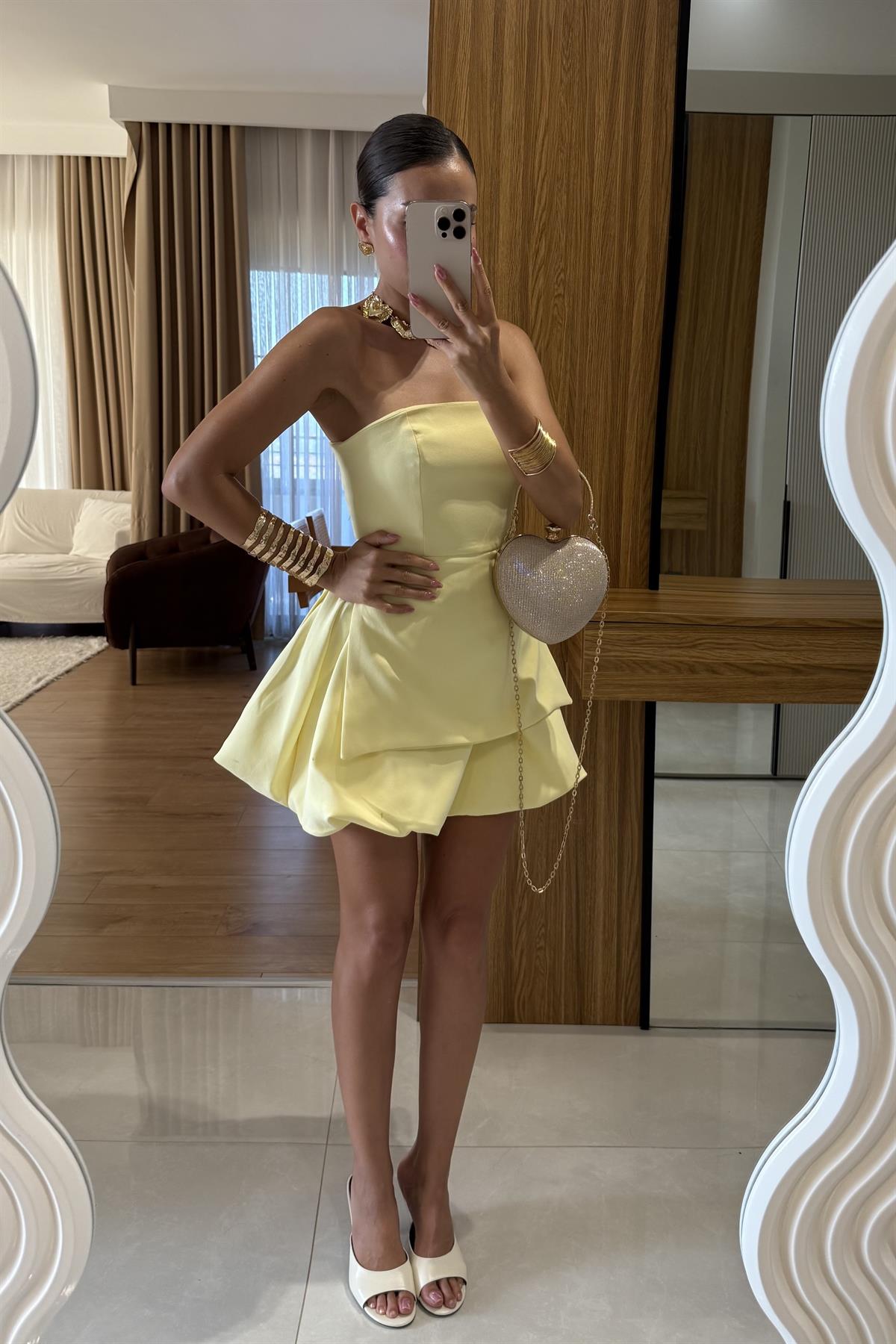 Georgia Sarı Straplez Mini Balon Elbise 
