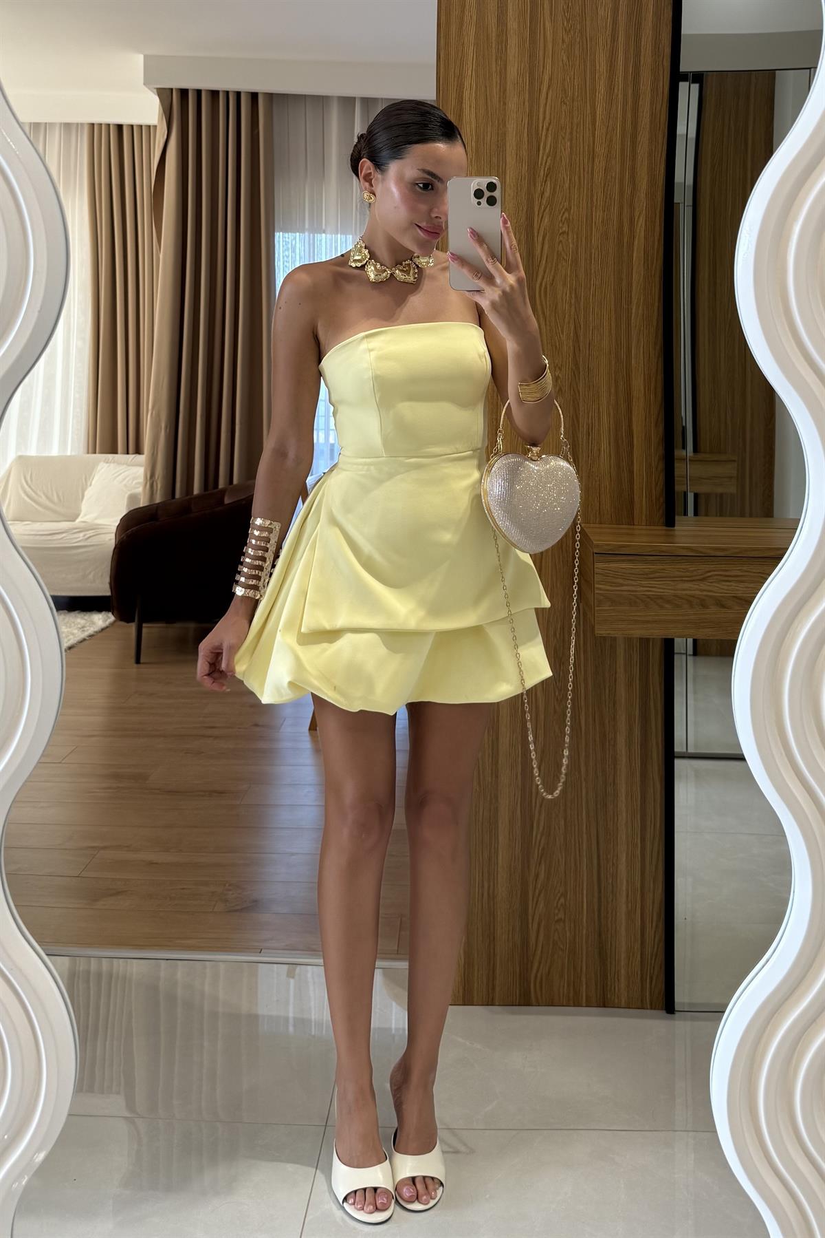 Georgia Sarı Straplez Mini Balon Elbise 