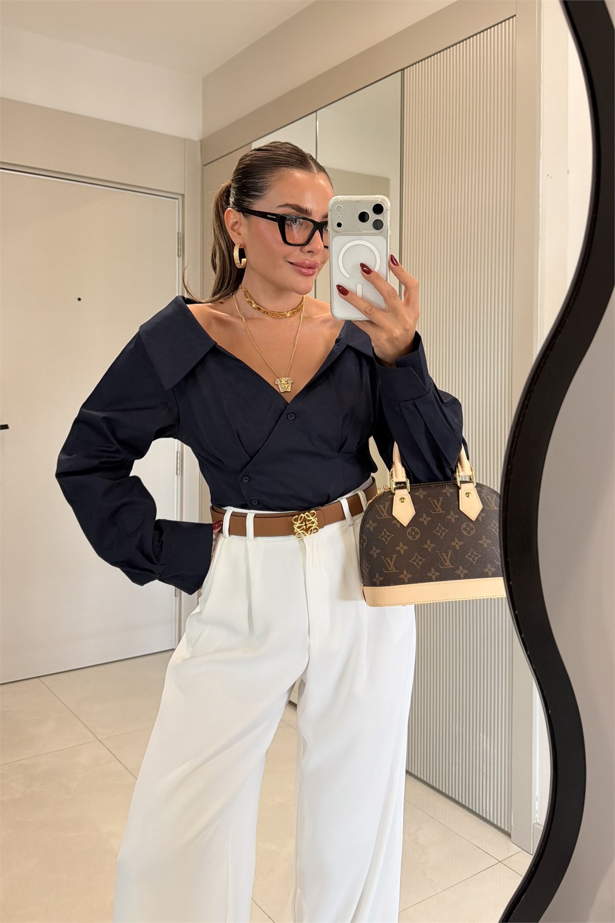 Gianna Lacivert Belden Oturtmalı Madonna Gömlek