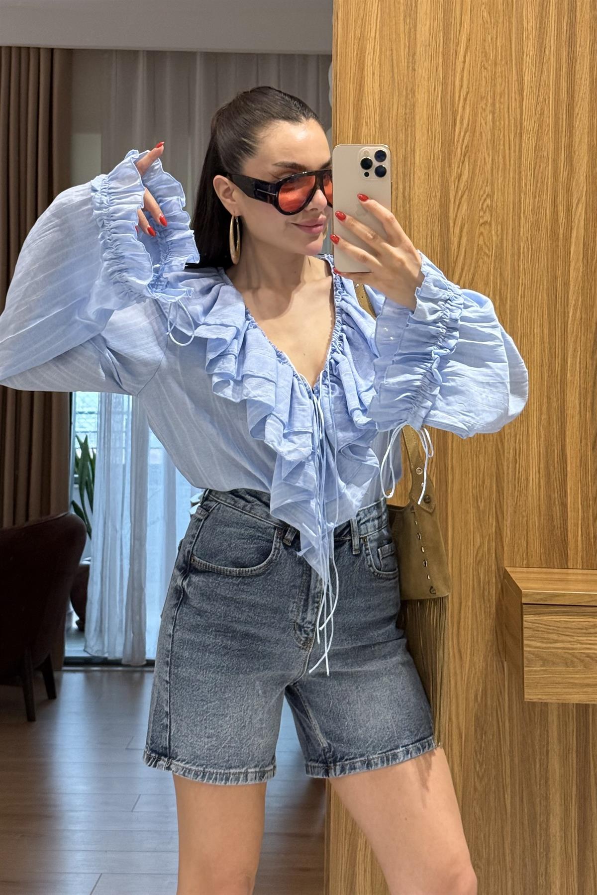 Giav Mavi Fırfırlı Tasarım Gömlek