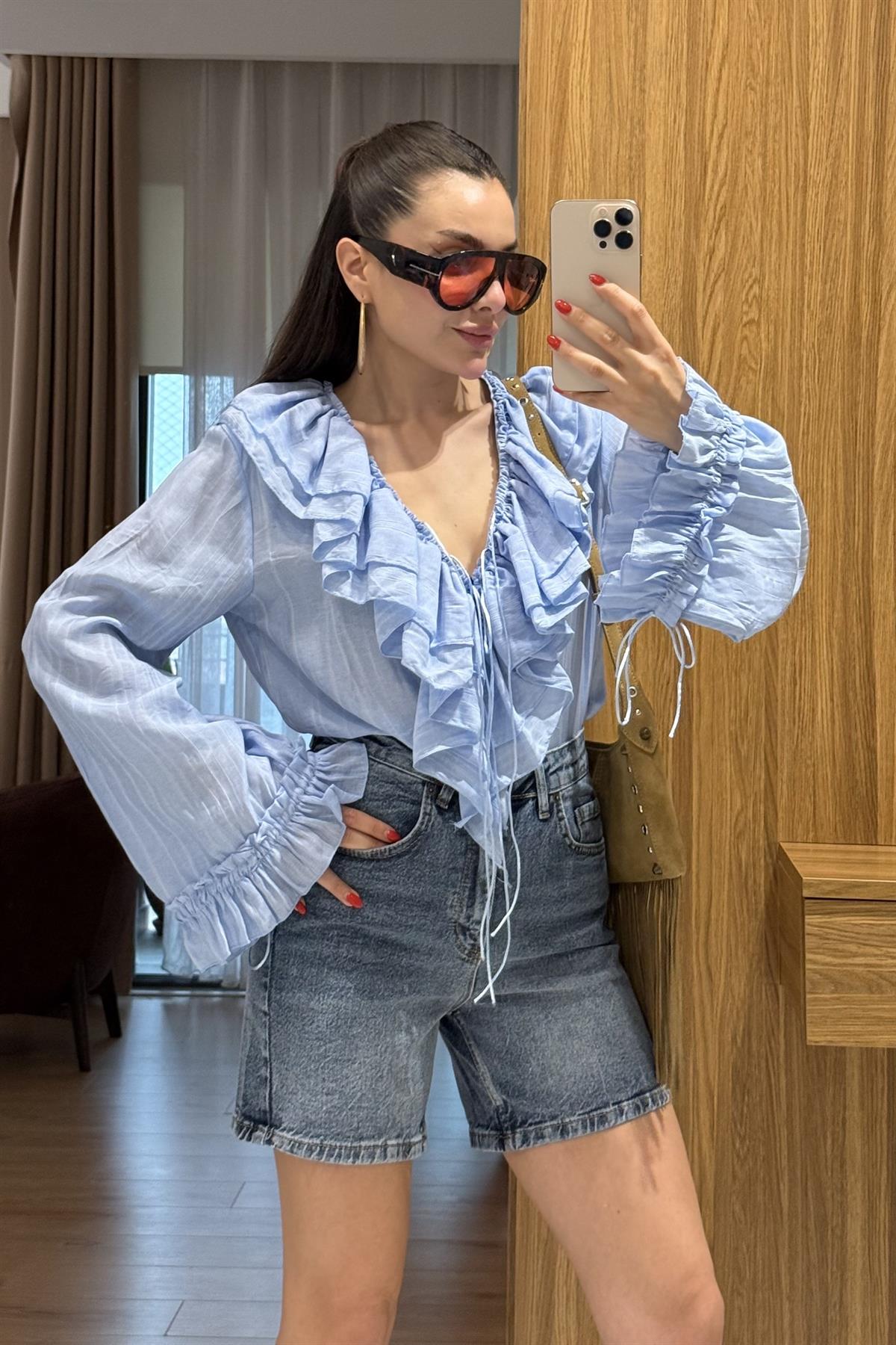 Giav Mavi Fırfırlı Tasarım Gömlek