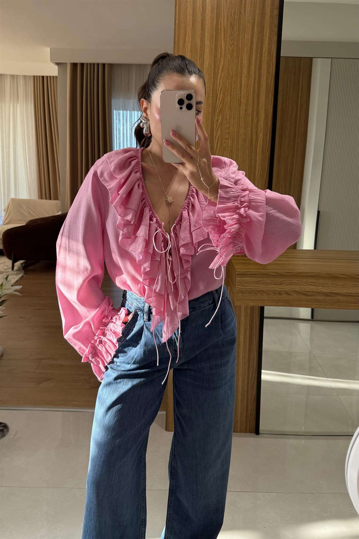 Giav Pembe Fırfırlı Tasarım Gömlek