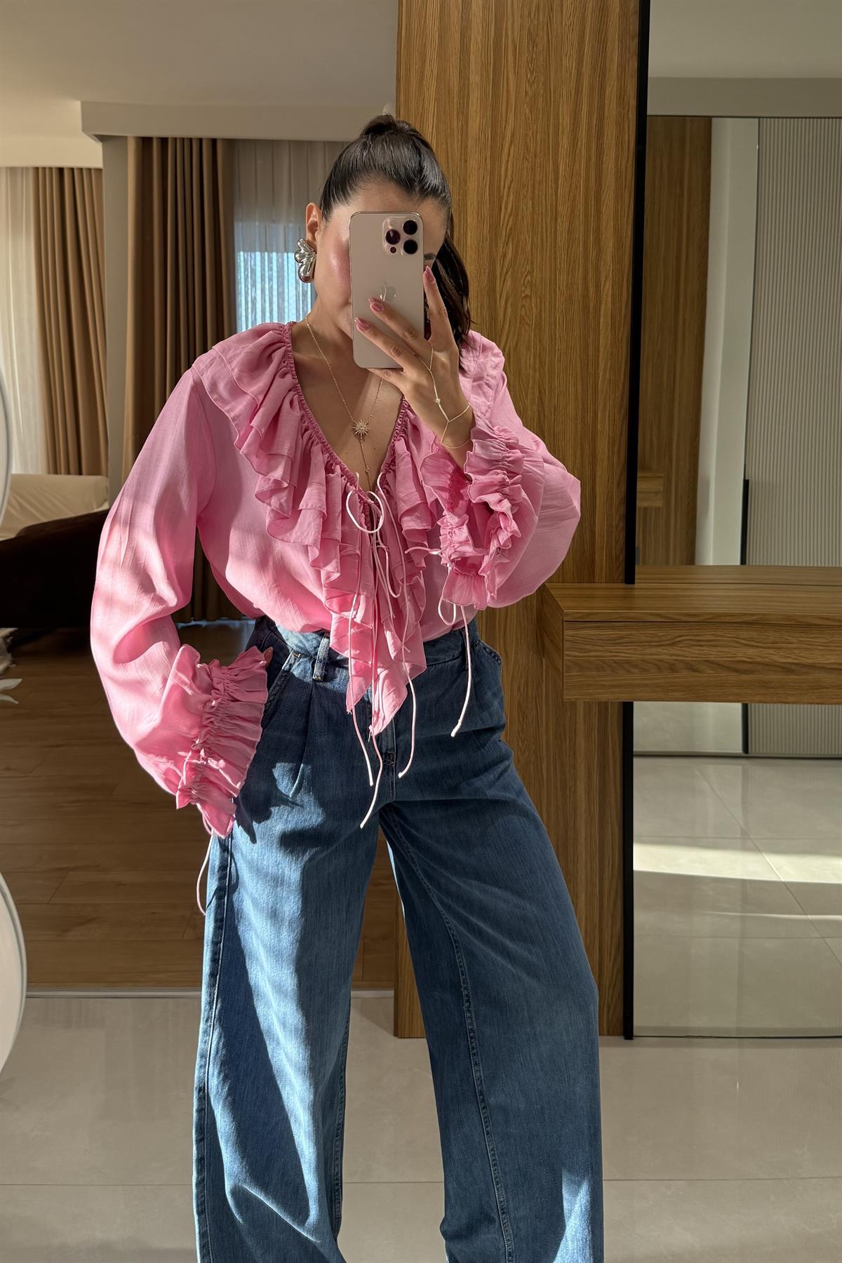 Giav Pembe Fırfırlı Tasarım Gömlek