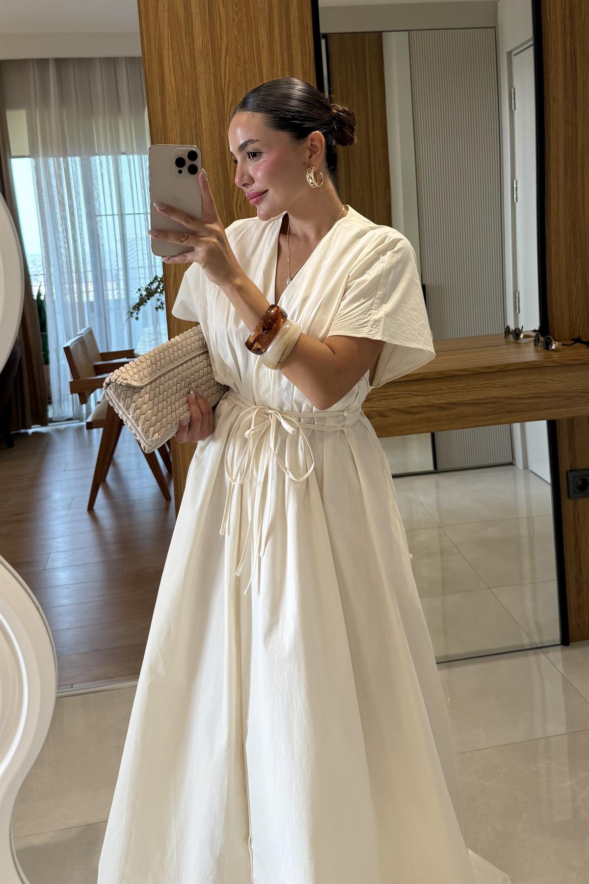 Gibson Krem Poplin Belden Bağlamalı Elbise