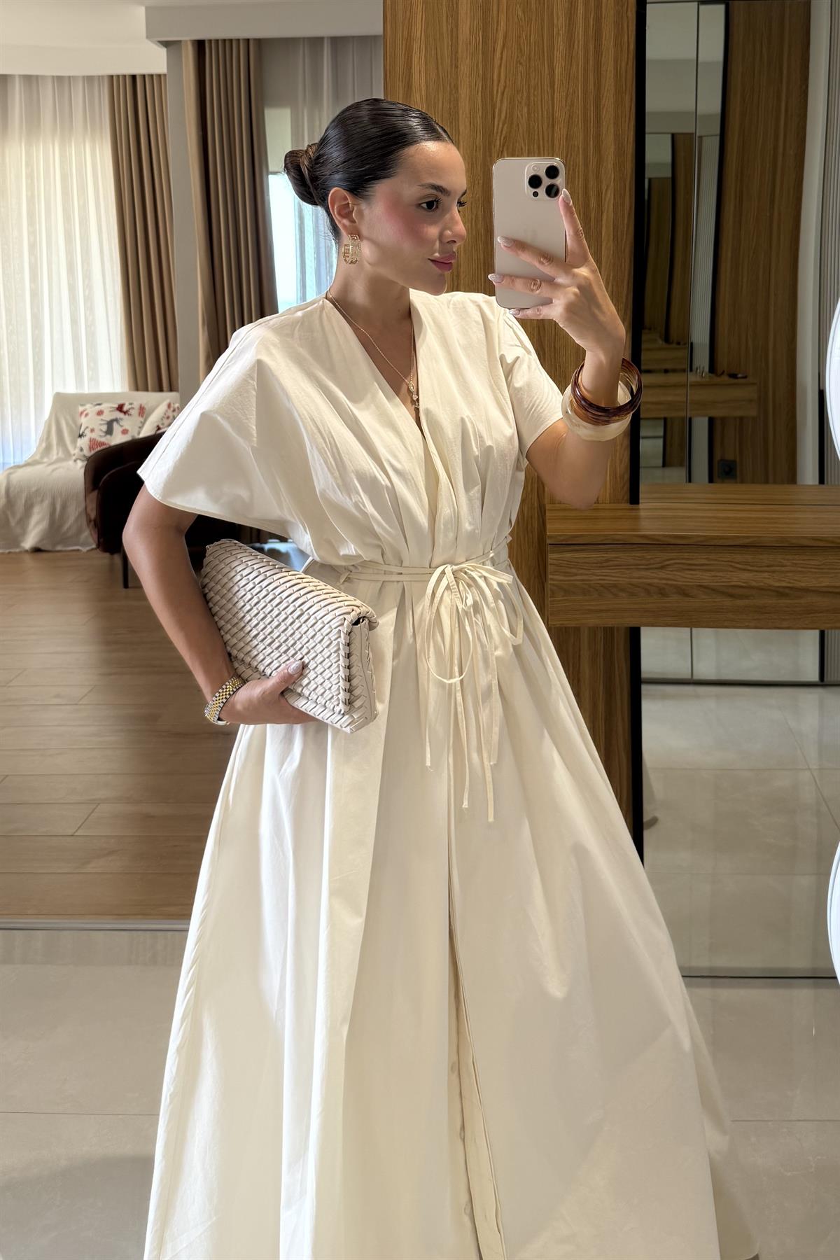 Gibson Krem Poplin Belden Bağlamalı Elbise