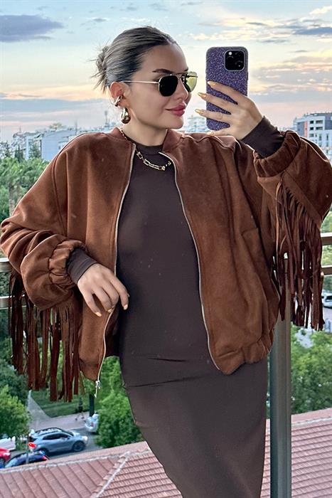 Giella Püsküllü Kadife Biker Ceket