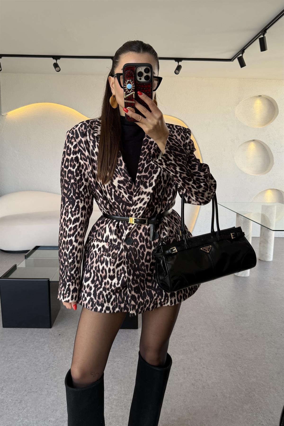 Ginera Leopar Desen Blazer Ceket 