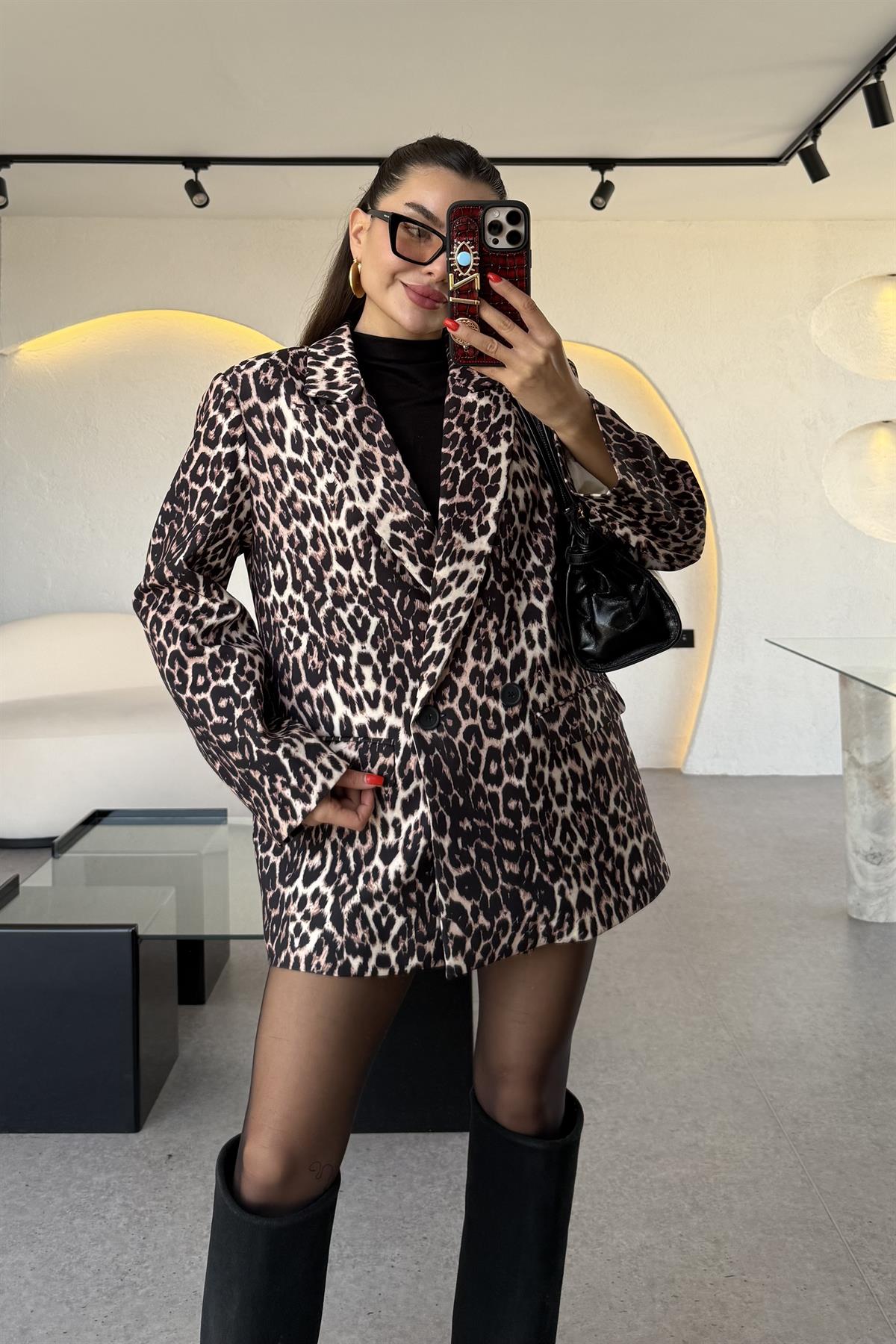 Ginera Leopar Desen Blazer Ceket 