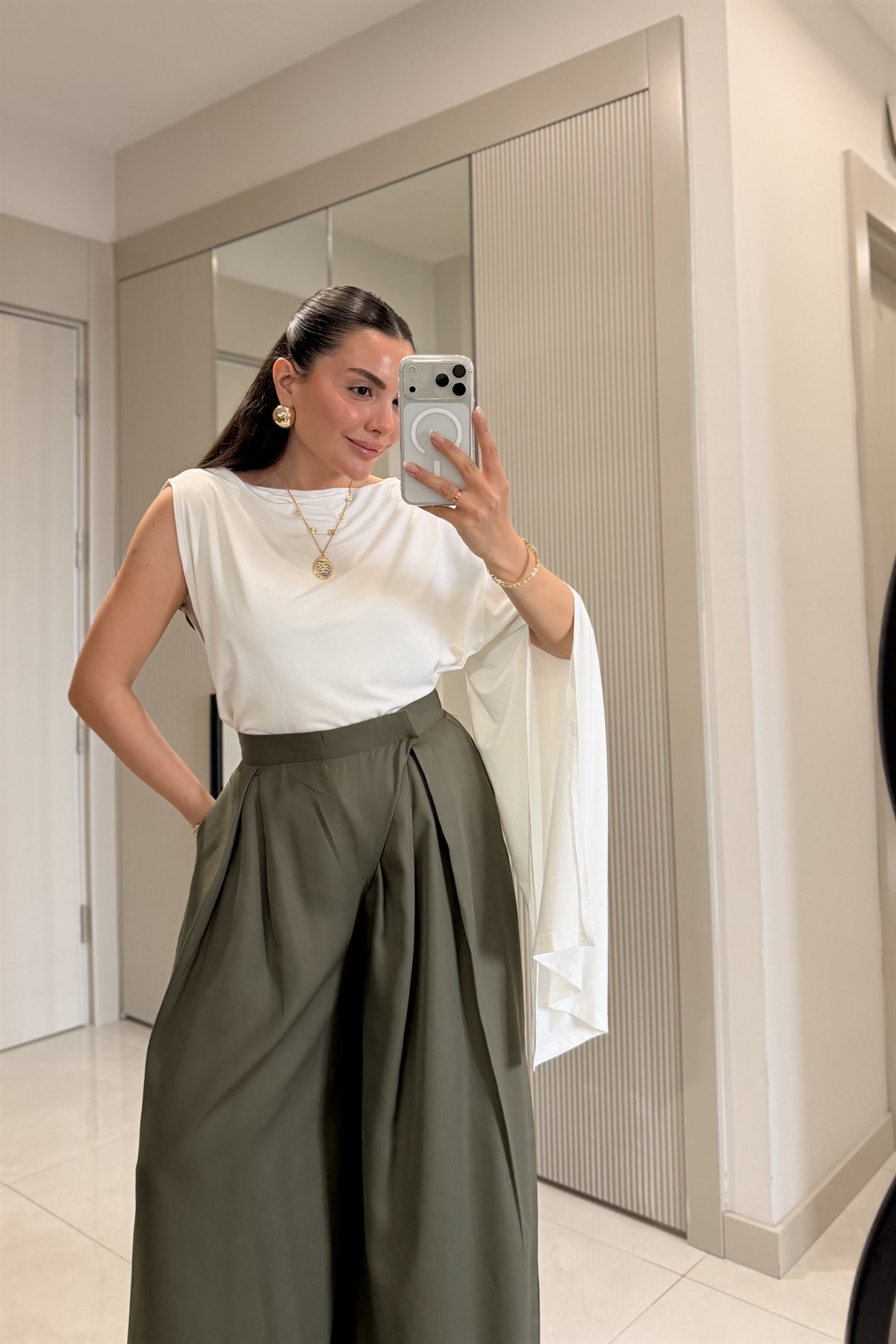 Ginevra Haki Çift Pensli Geniş Paça Pantolon