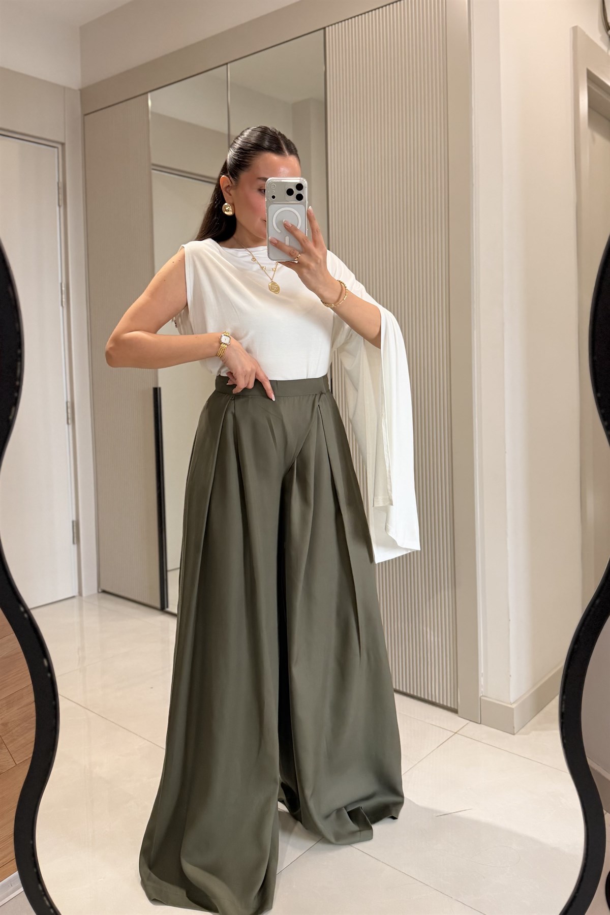 Ginevra Haki Çift Pensli Geniş Paça Pantolon