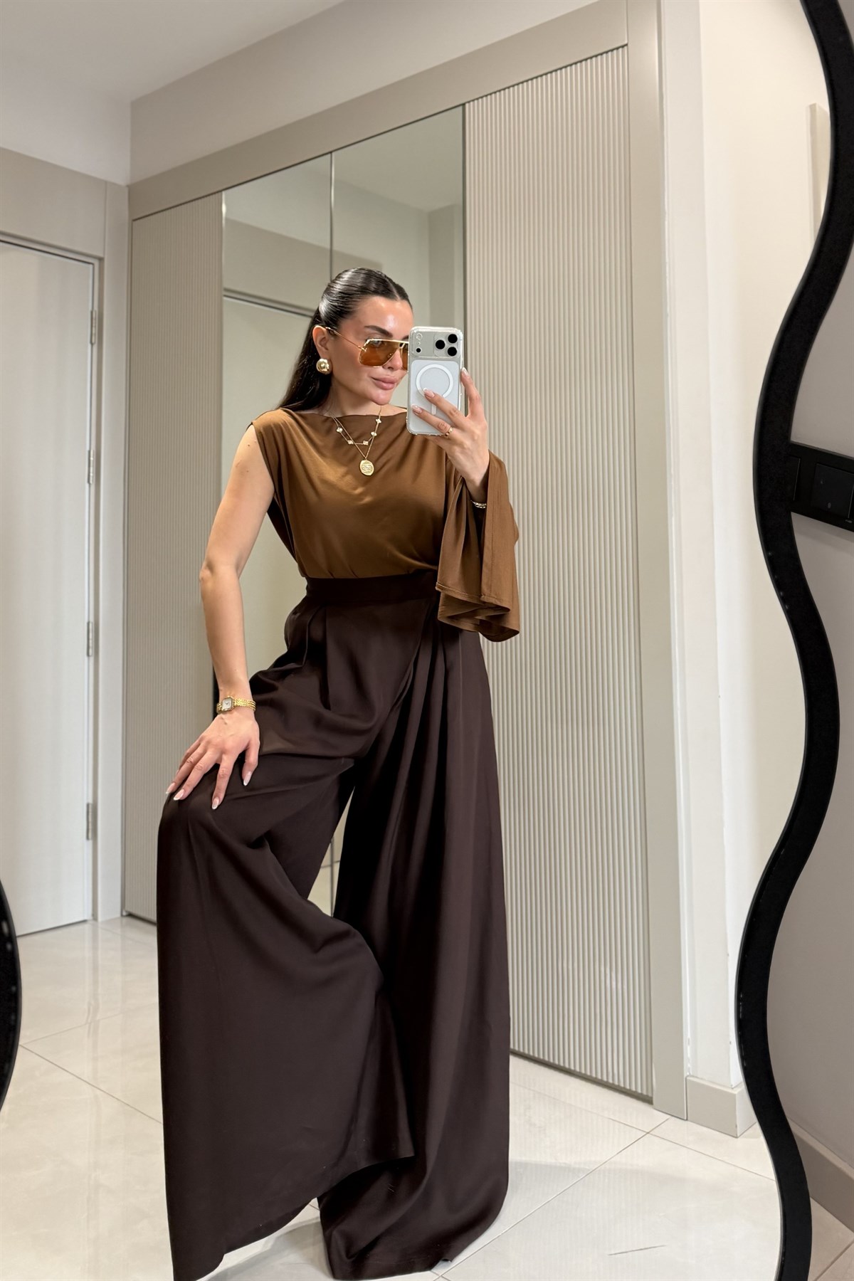 Ginevra Acı Kahve Çift Pensli Geniş Paça Pantolon