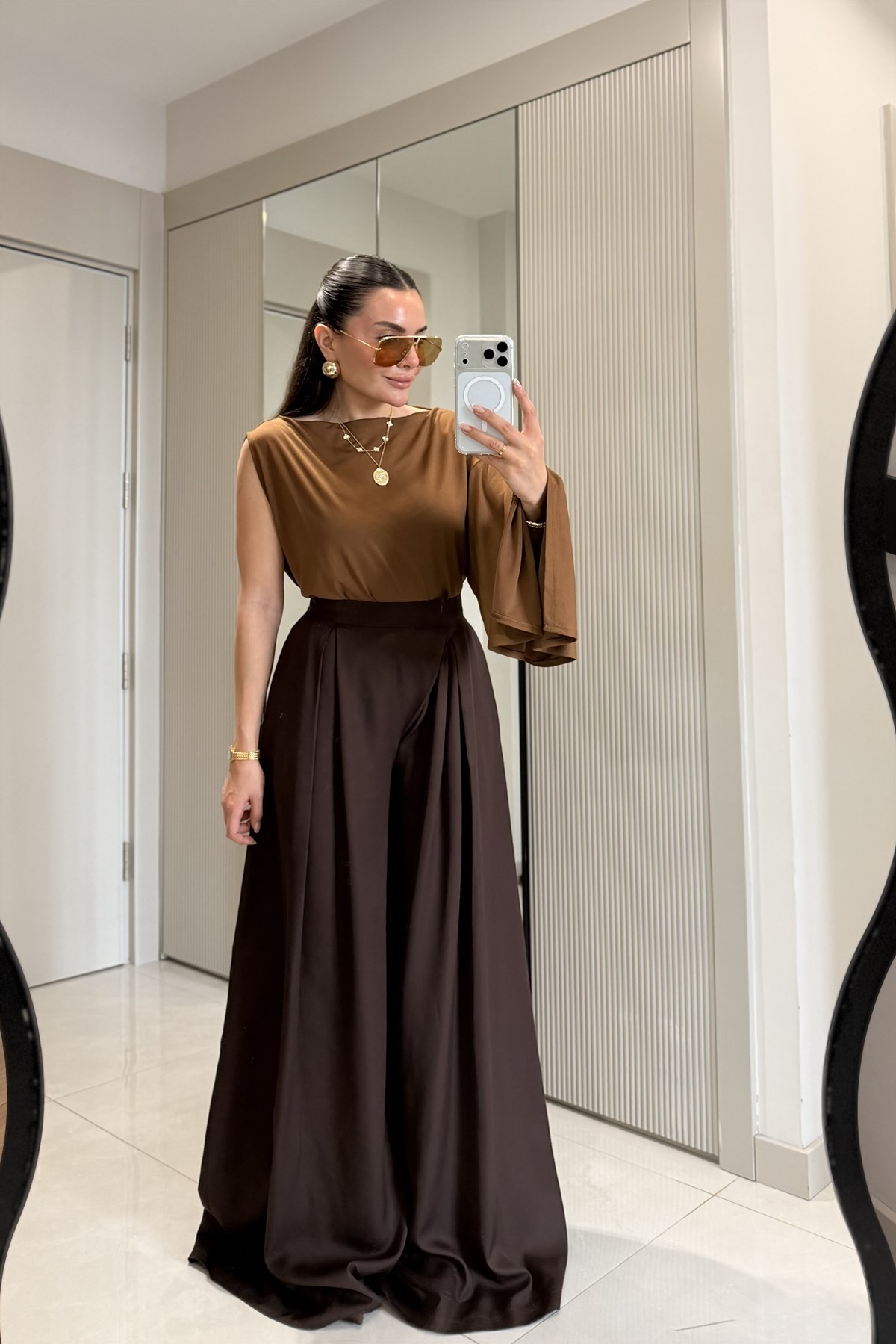 Ginevra Acı Kahve Çift Pensli Geniş Paça Pantolon
