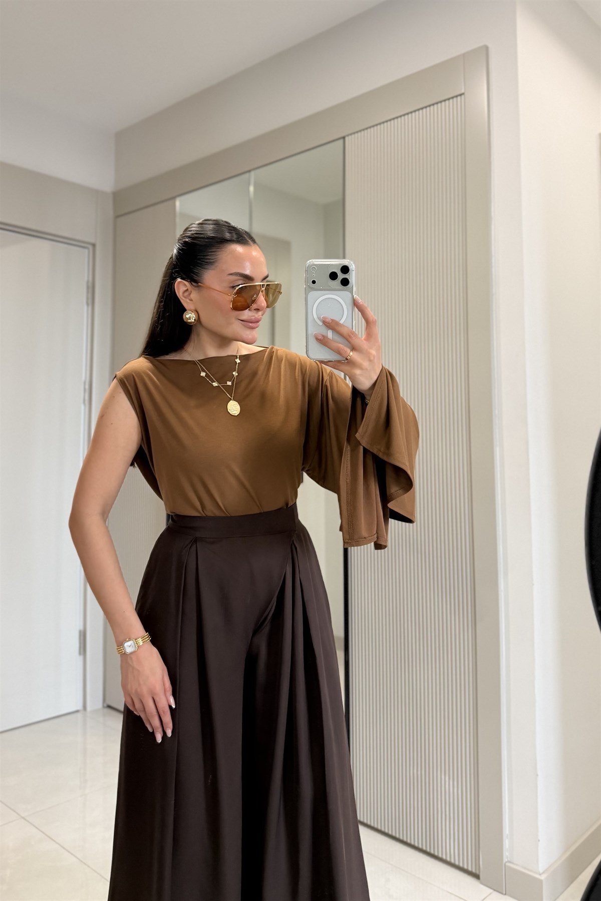 Ginevra Acı Kahve Çift Pensli Geniş Paça Pantolon