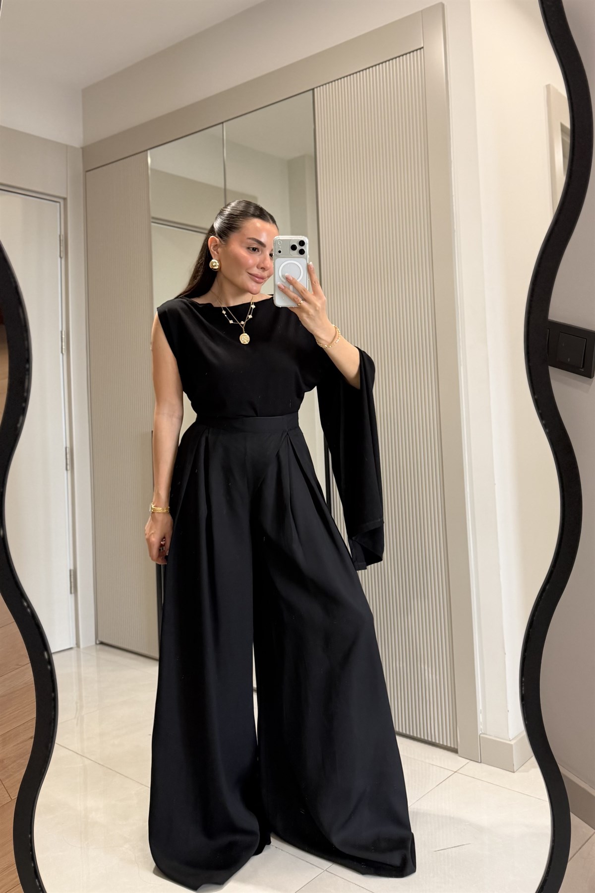 Ginevra Siyah Çift Pensli Geniş Paça Pantolon