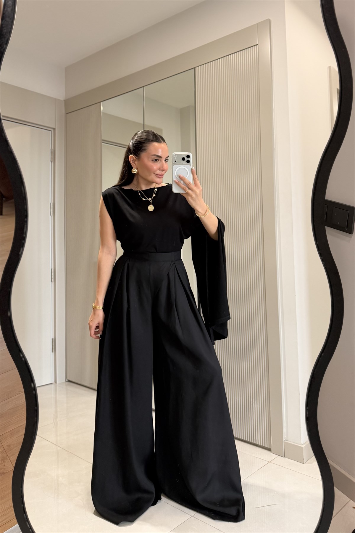 Ginevra Siyah Çift Pensli Geniş Paça Pantolon