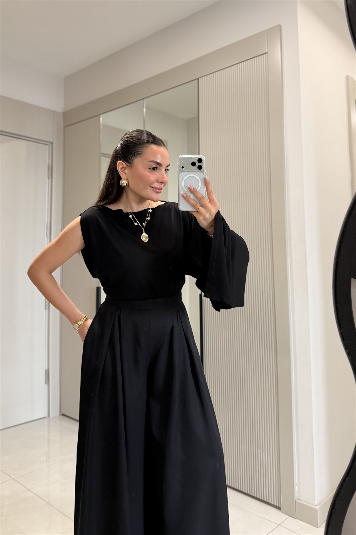 Ginevra Siyah Çift Pensli Geniş Paça Pantolon