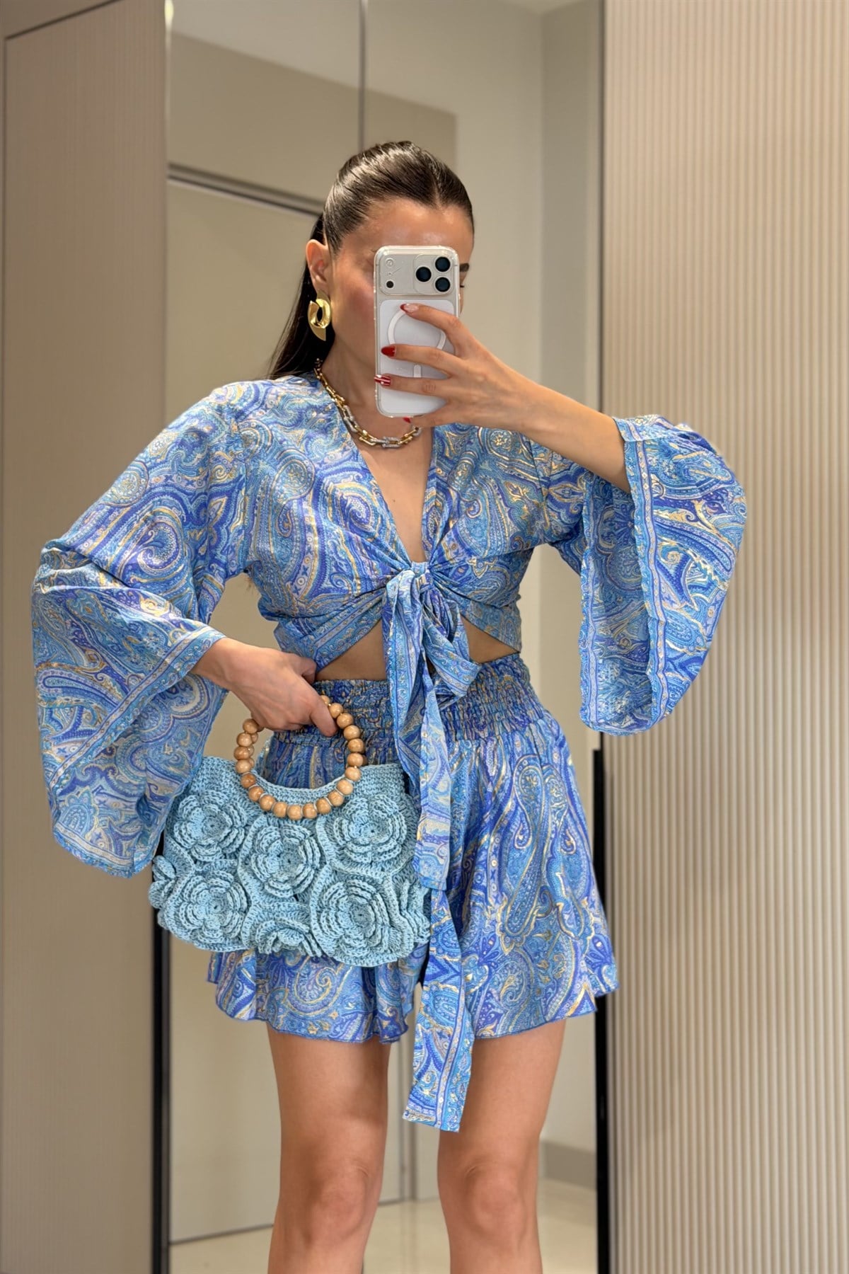 Gipsy Açık Mavi Etnik Şortlu İthal Takım