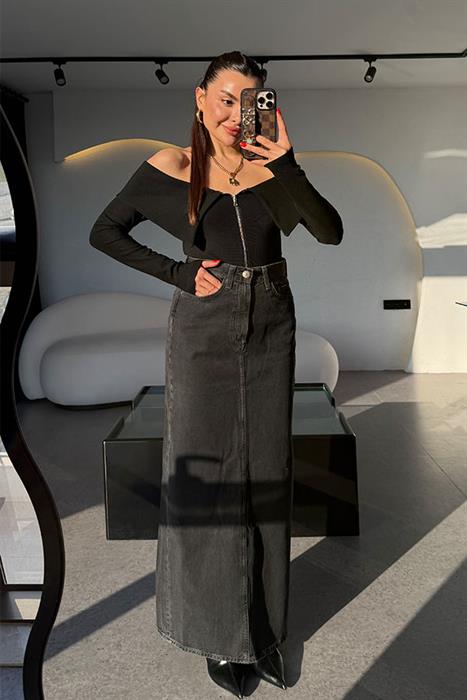 Gipsy Siyah Maxi Boy Denim Etek