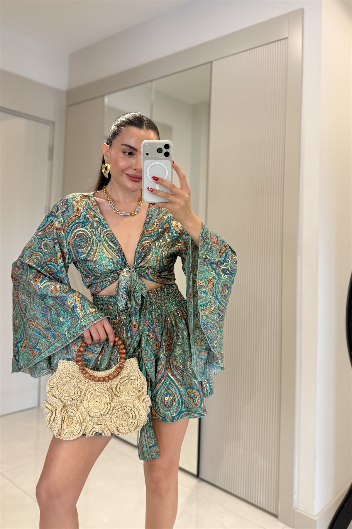 Gipsy Yeşil Etnik Şortlu İthal Takım