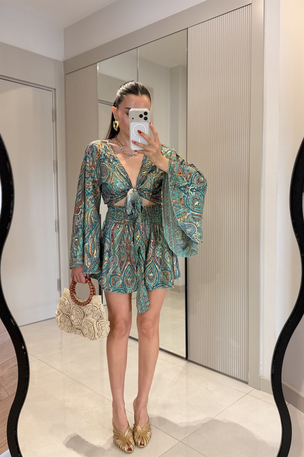 Gipsy Yeşil Etnik Şortlu İthal Takım
