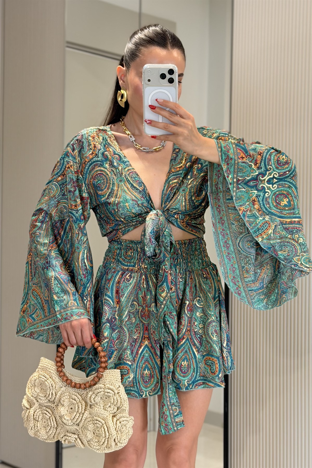 Gipsy Yeşil Etnik Şortlu İthal Takım