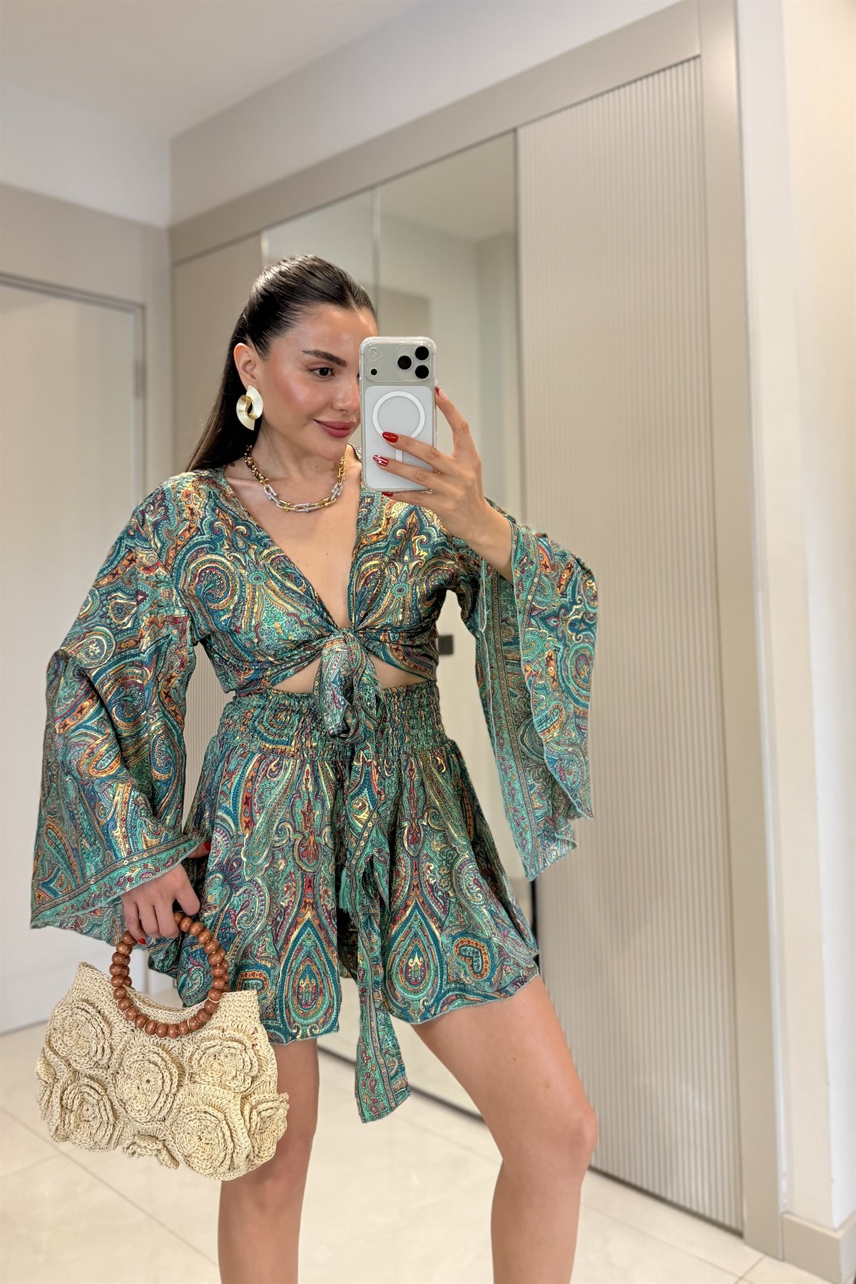 Gipsy Yeşil Etnik Şortlu İthal Takım