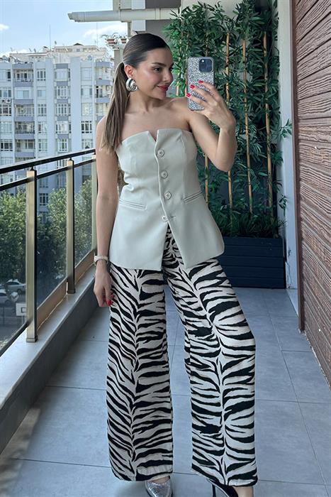 Gisele Zebra Desen Saten Pantolon - Krem