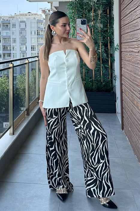 Gisele Zebra Desen Saten Pantolon - Siyah