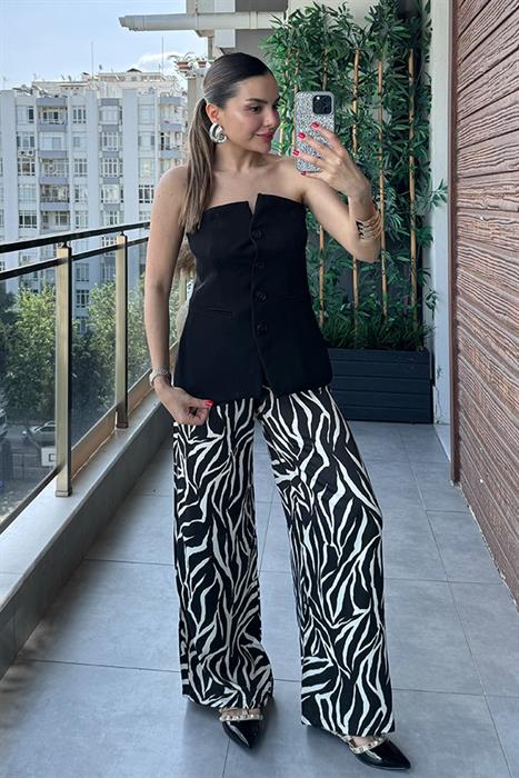 Gisele Zebra Desen Saten Pantolon - Siyah