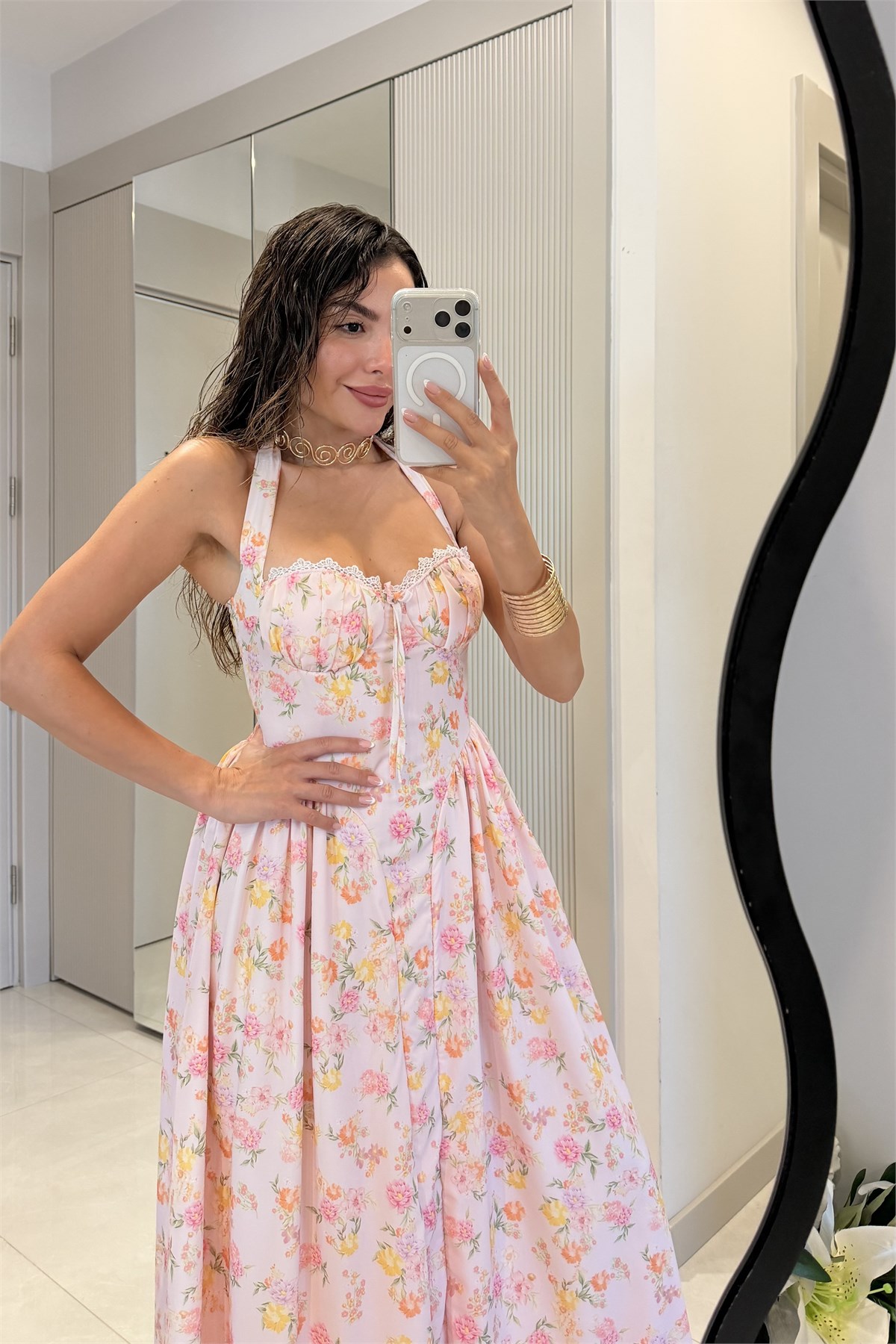 Giselle Pembe Çiçek Desenli Maxi Elbise