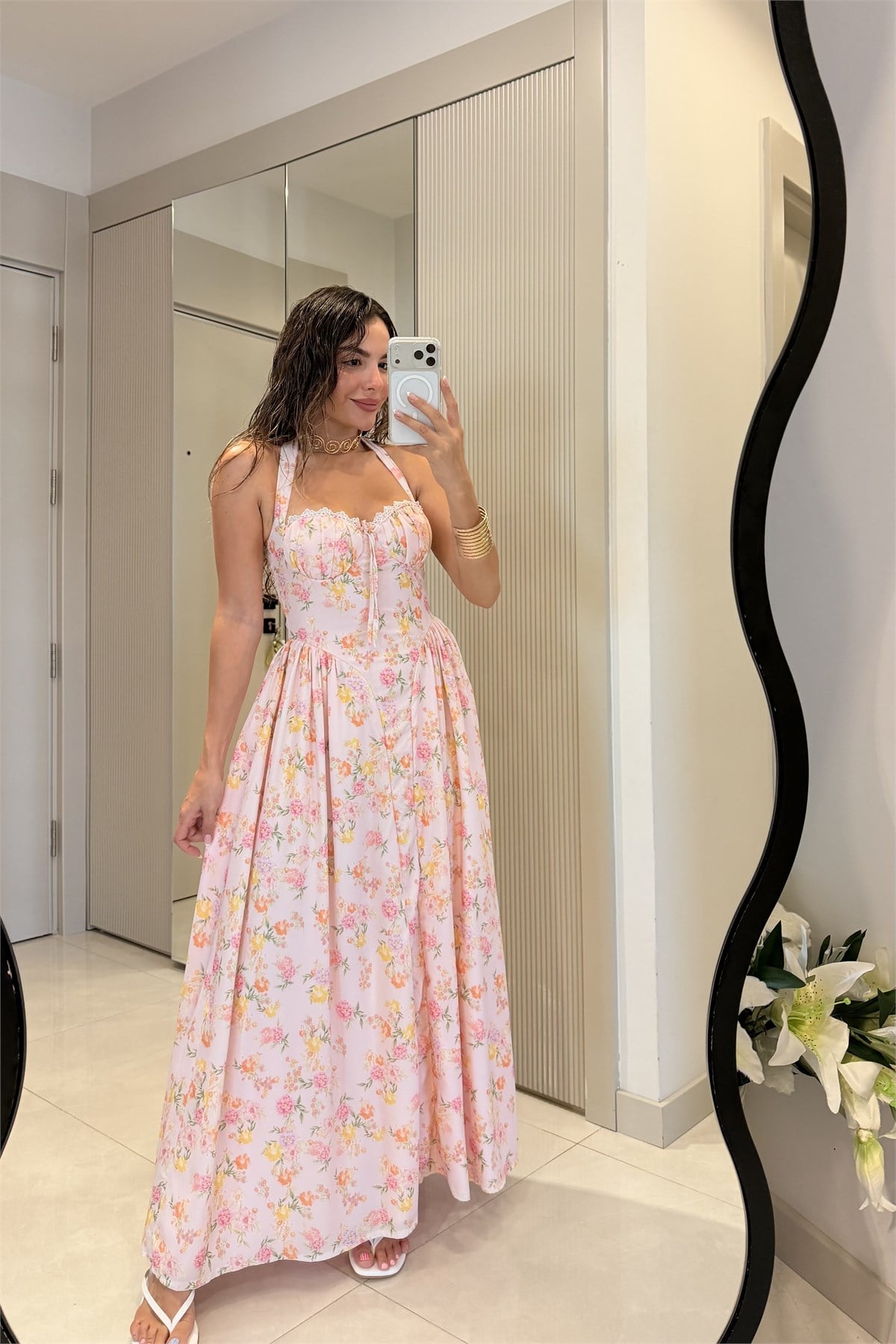 Giselle Pembe Çiçek Desenli Maxi Elbise