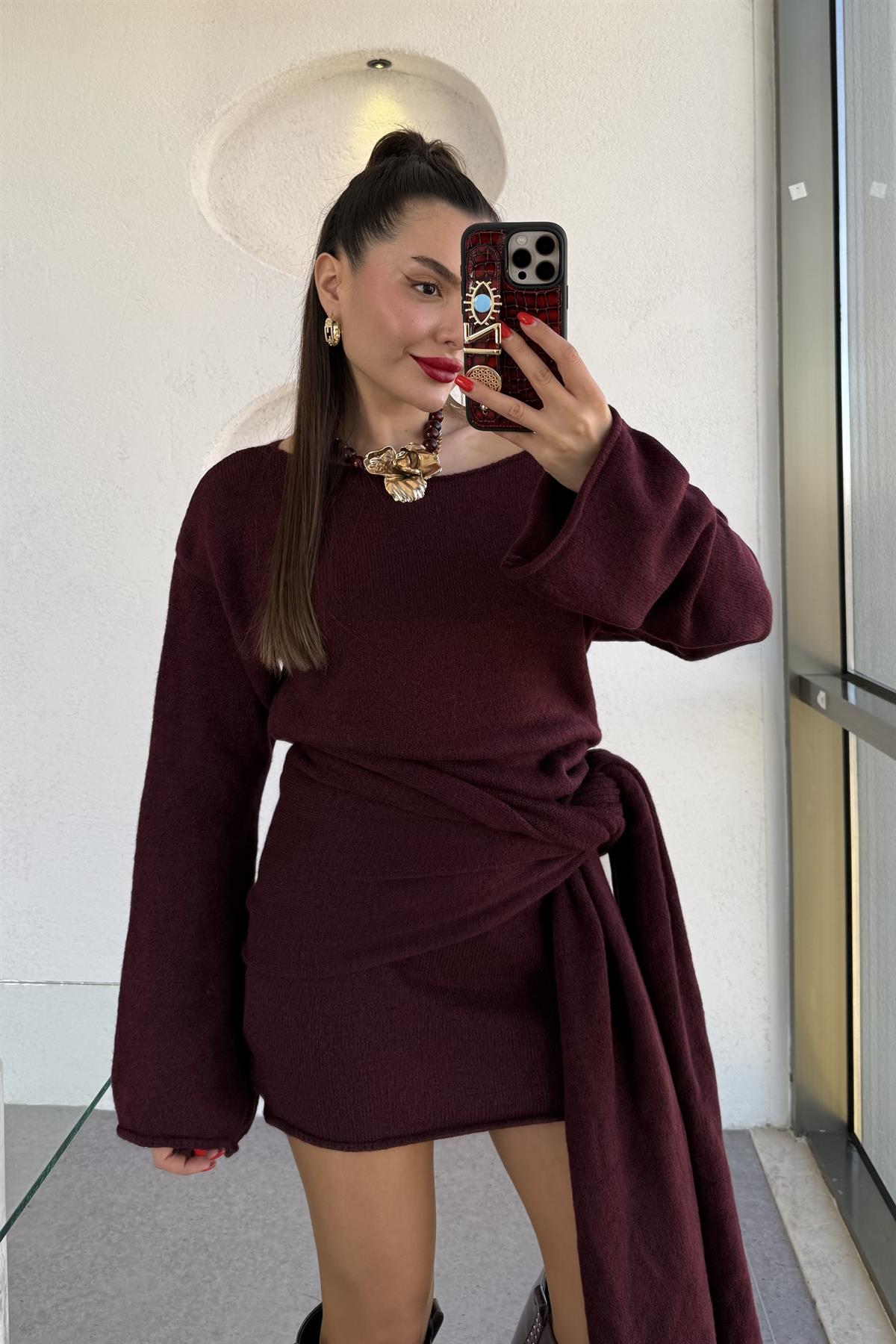 Glady Bordo İki Parça Triko Elbise 