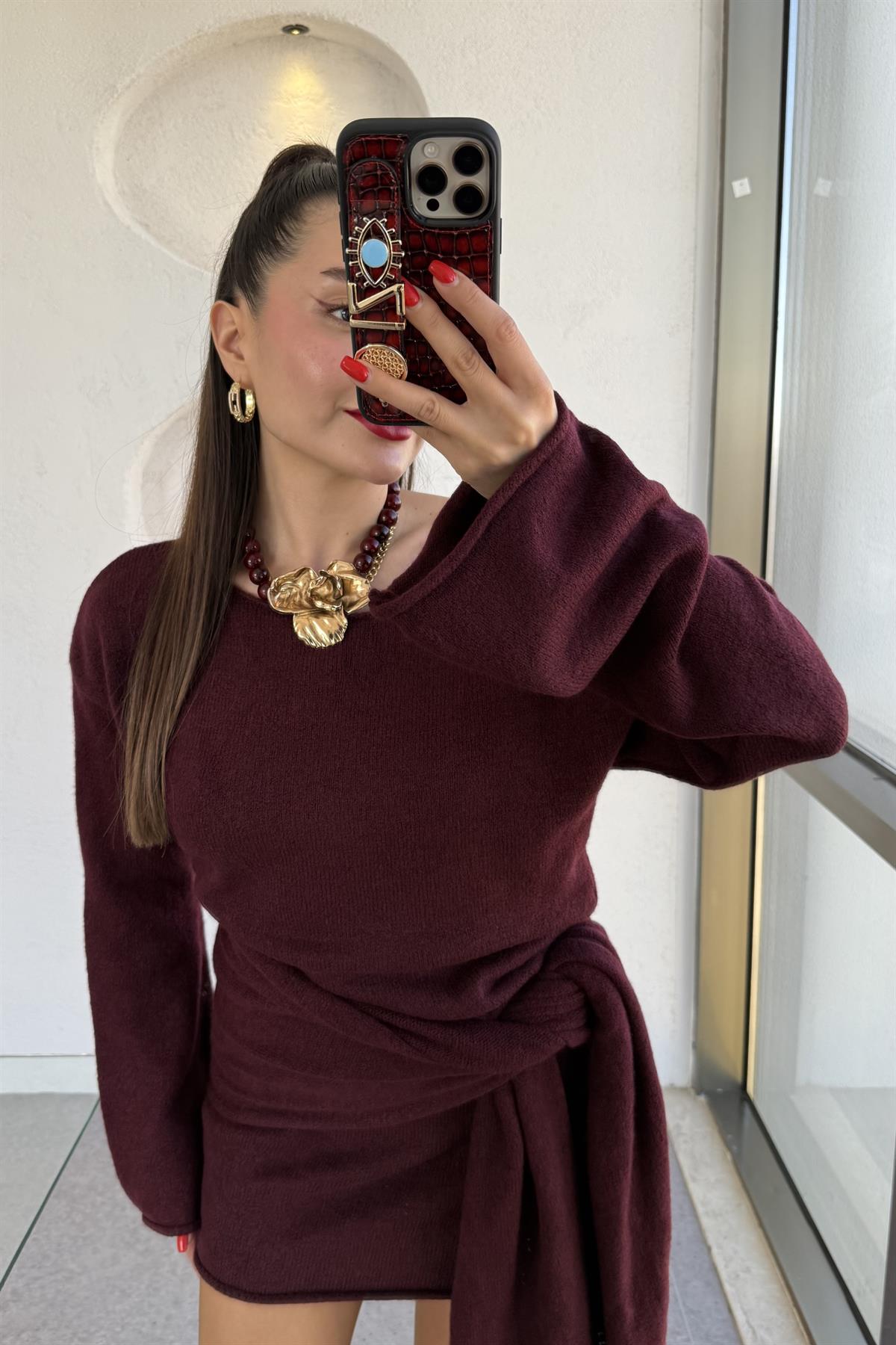 Glady Bordo İki Parça Triko Elbise 