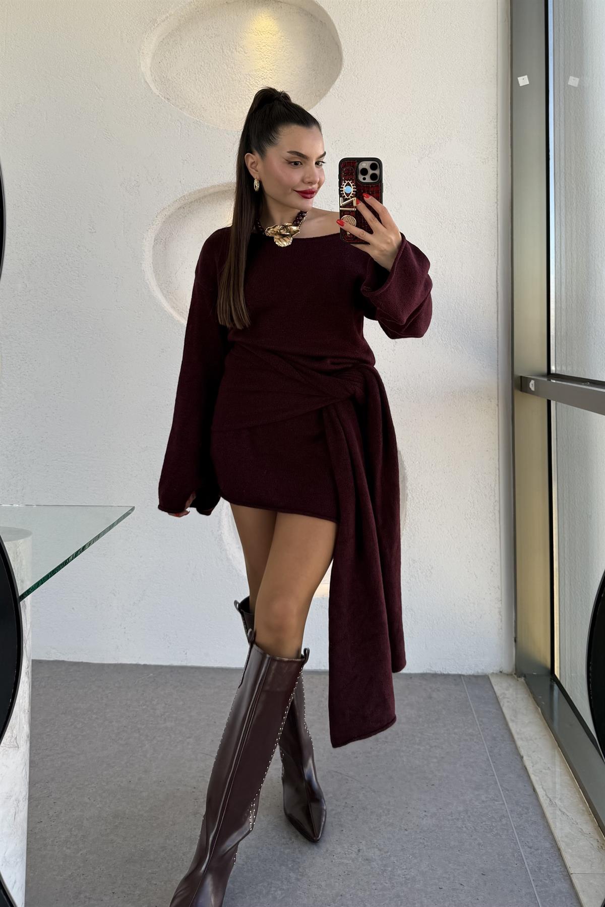 Glady Bordo İki Parça Triko Elbise 