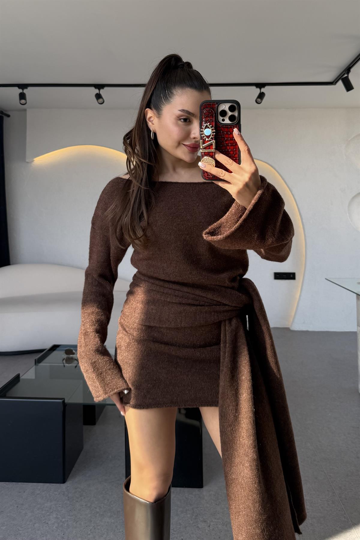 Glady Koyu Tarçın İki Parça Triko Elbise 