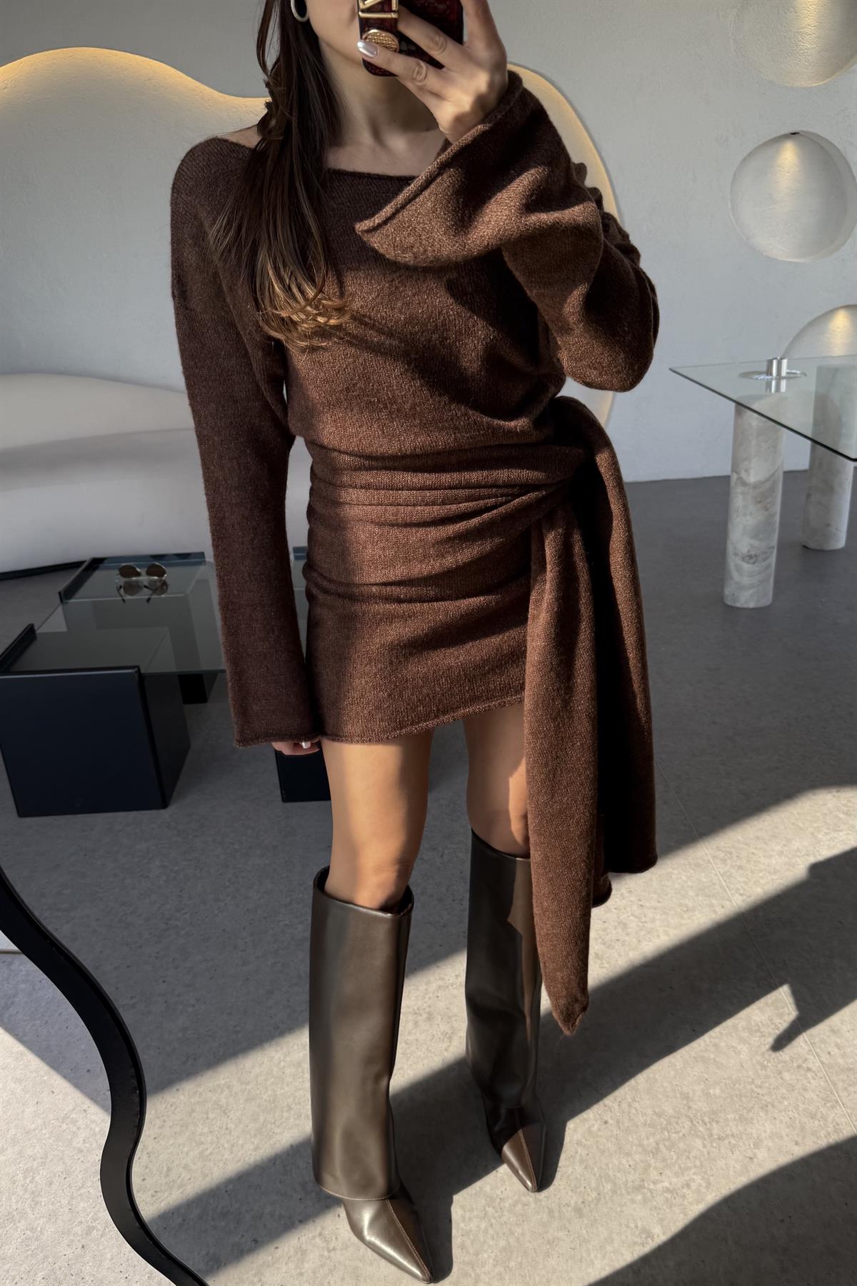 Glady Koyu Tarçın İki Parça Triko Elbise 