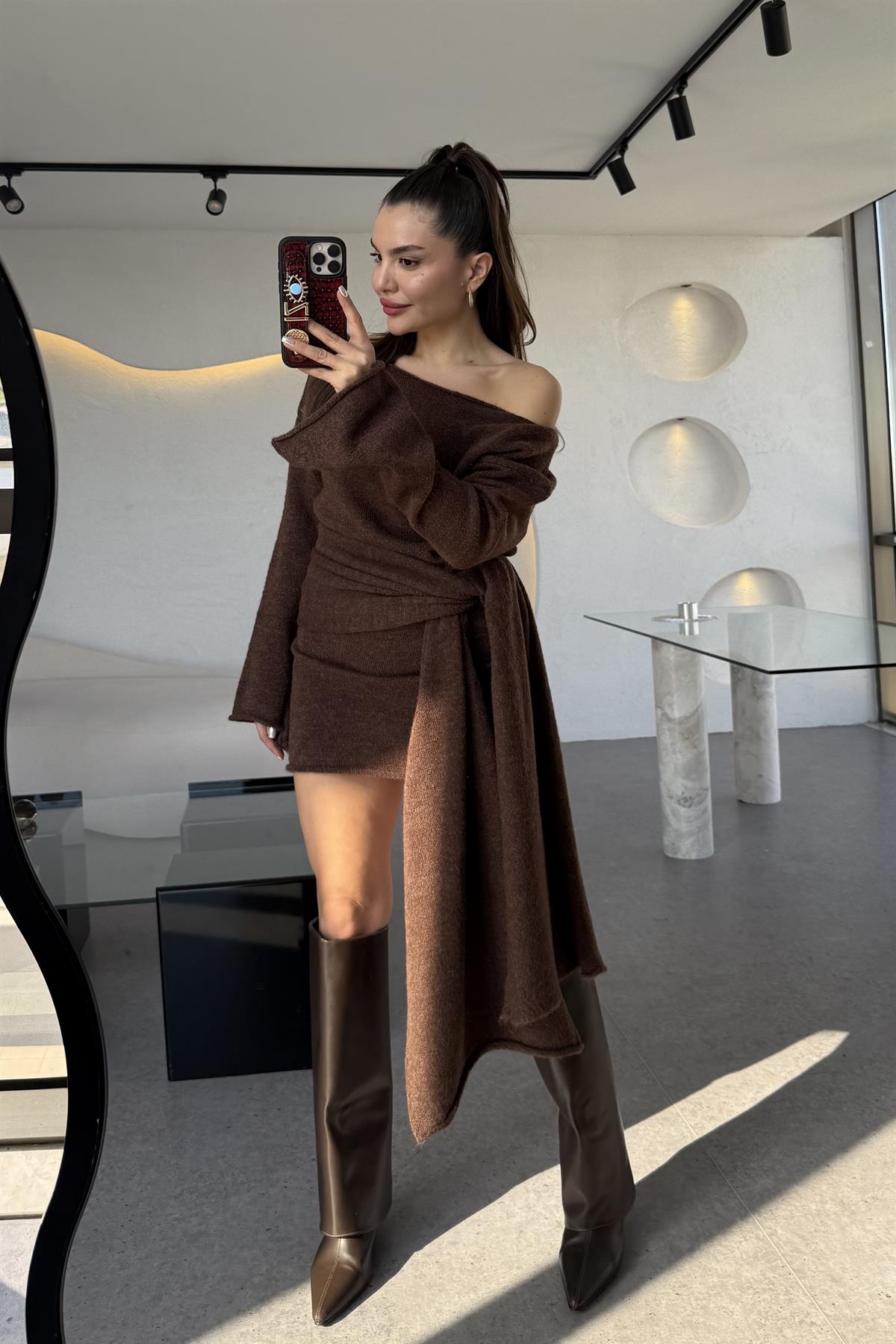 Glady Koyu Tarçın İki Parça Triko Elbise 