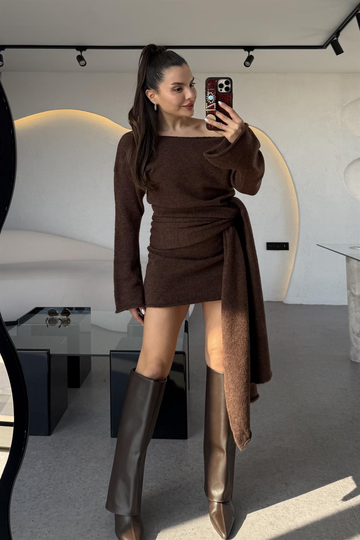 Glady Koyu Tarçın İki Parça Triko Elbise 