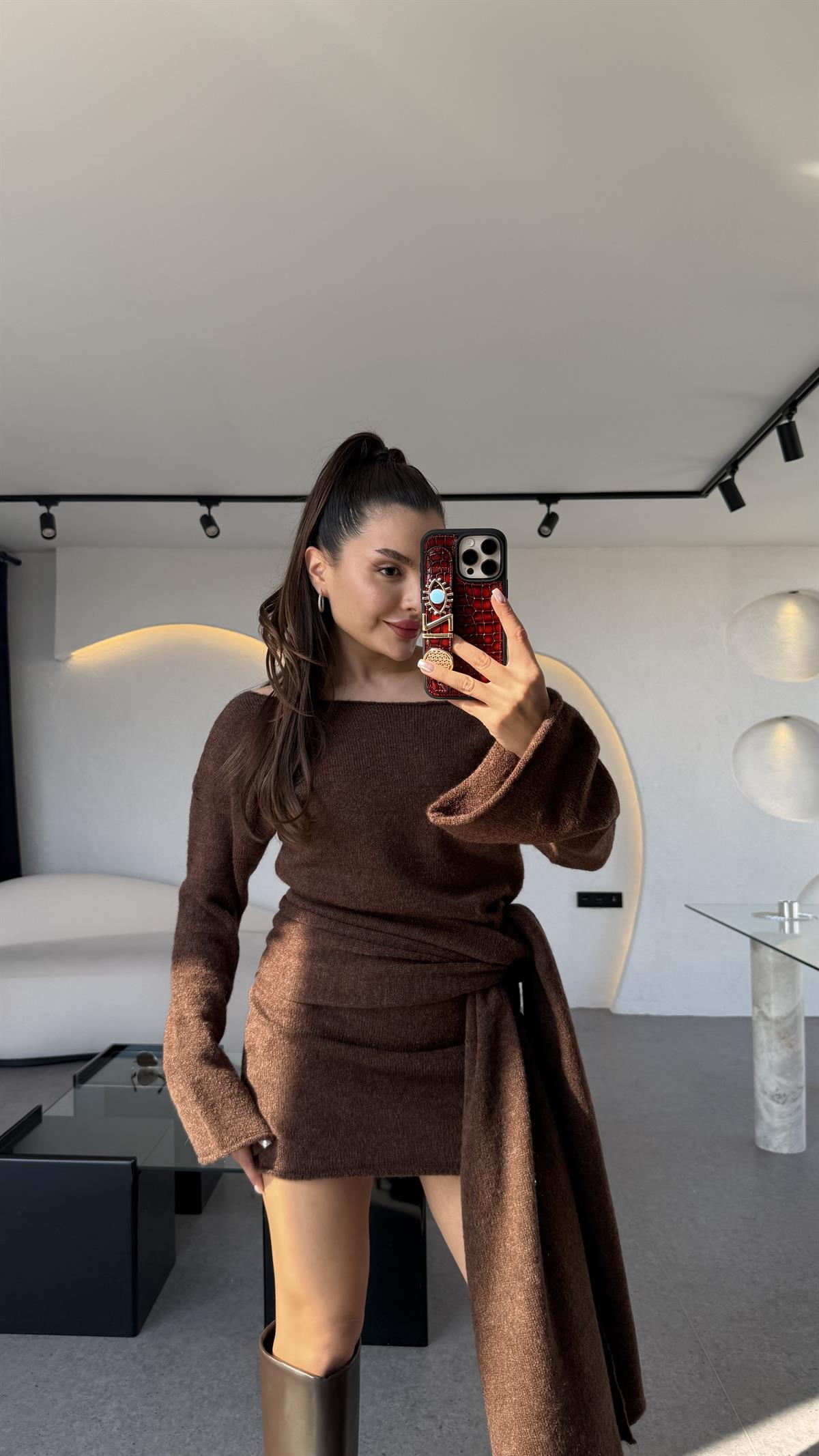 Glady Koyu Tarçın İki Parça Triko Elbise 