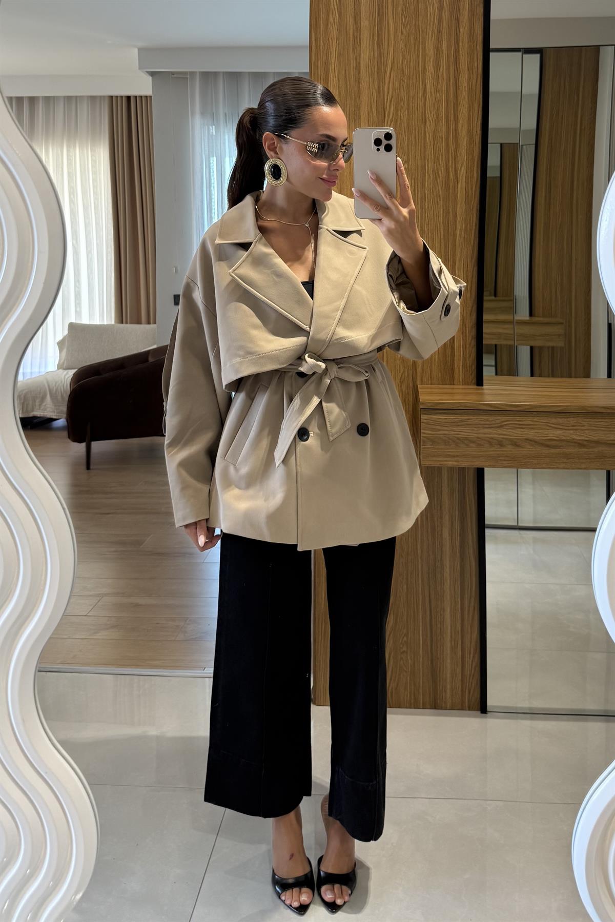 Glasy Camel Kemerli Oversize Trenç