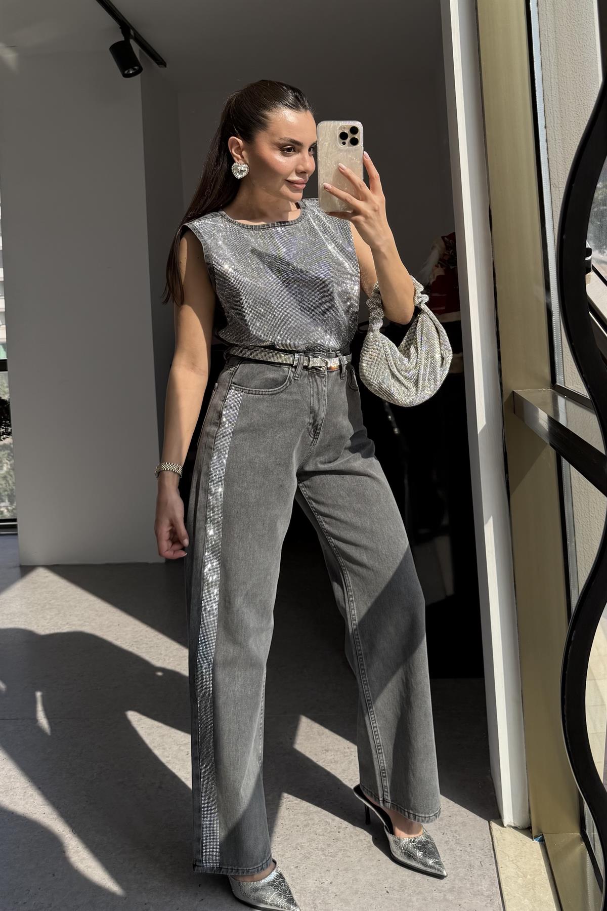 Gliter Denim Parlak Taşlı Tasarım Takım