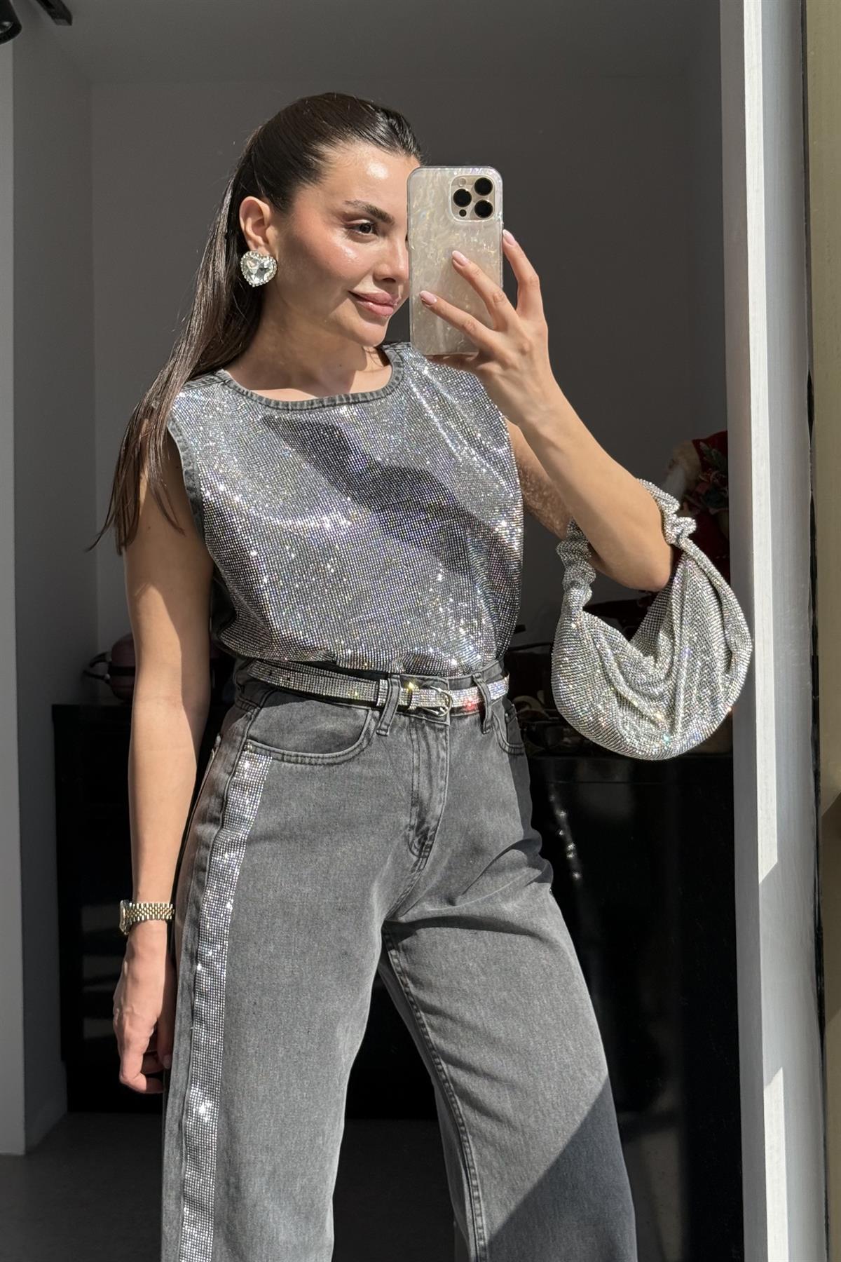 Gliter Denim Parlak Taşlı Tasarım Takım