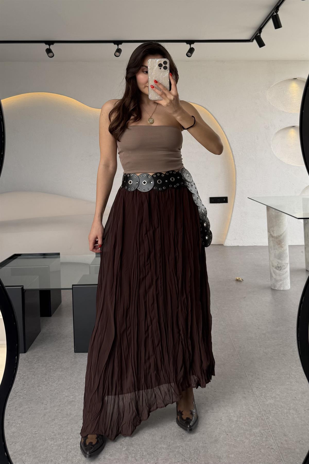 Gloria Acı Kahve Kırışık Model Astarlı Şifon Etek 