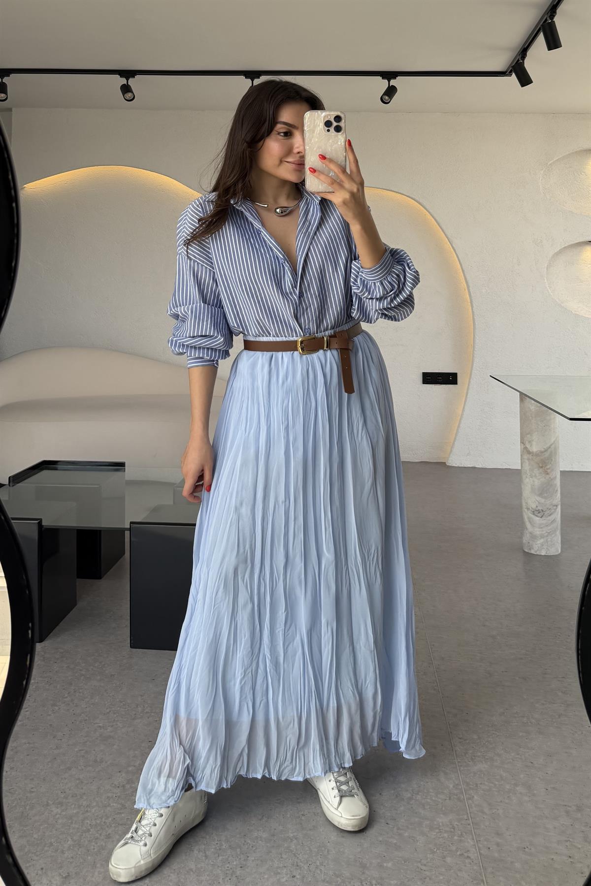 Gloria Mavi Kırışık Model Astarlı Şifon Etek 