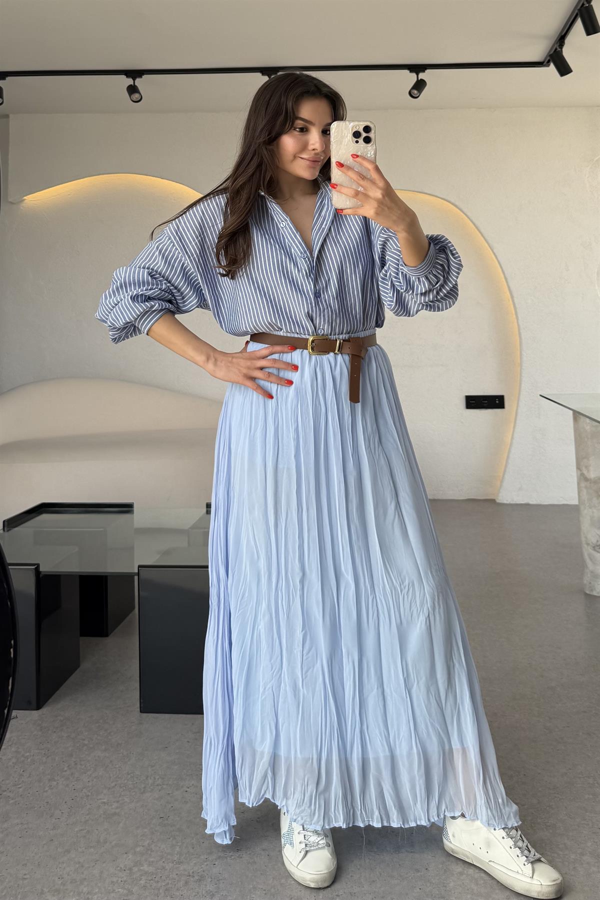 Gloria Mavi Kırışık Model Astarlı Şifon Etek 