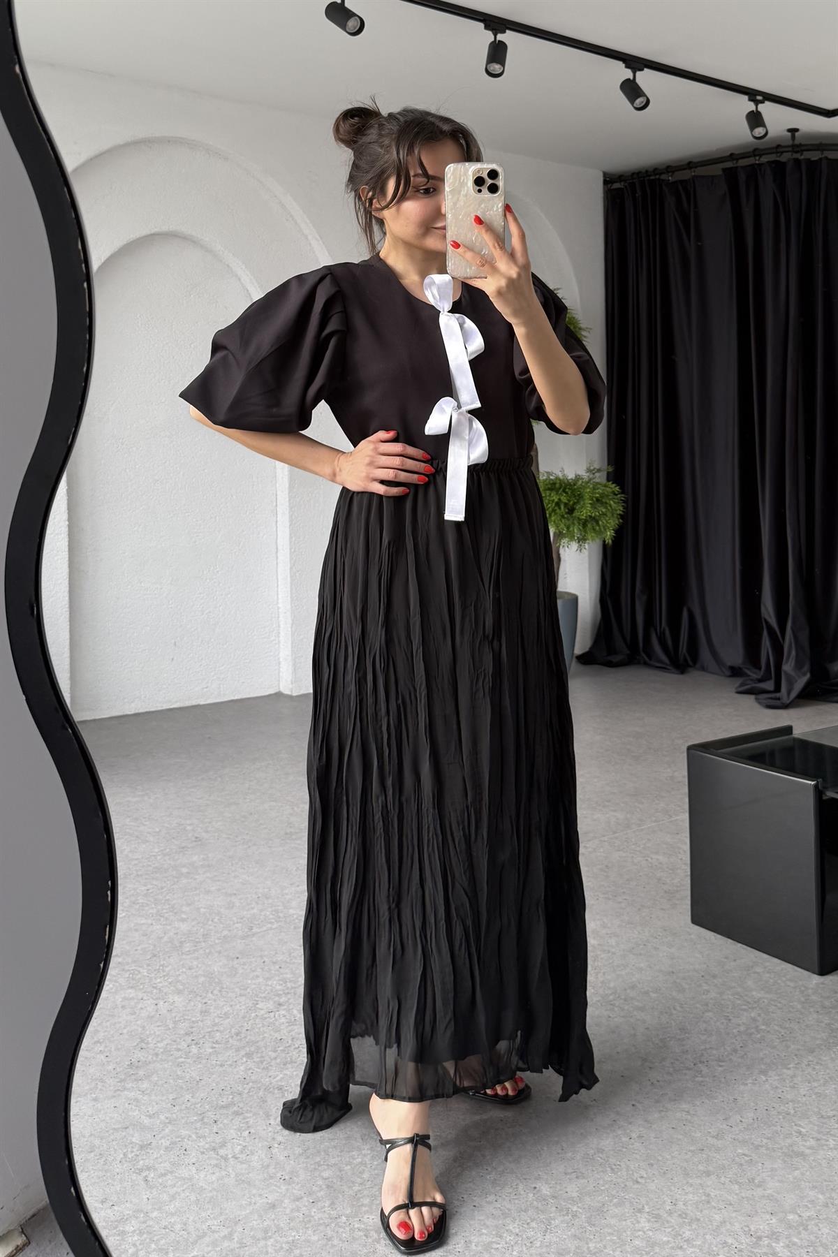 Gloria Siyah Kırışık Model Astarlı Şifon Etek 