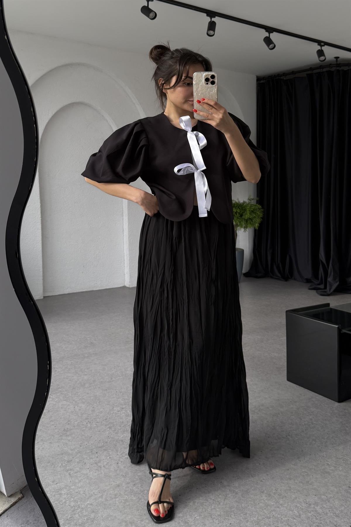 Gloria Siyah Kırışık Model Astarlı Şifon Etek 