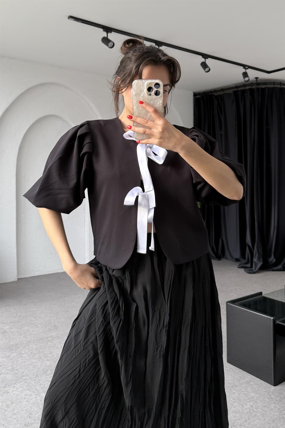 Gloria Siyah Kırışık Model Astarlı Şifon Etek 